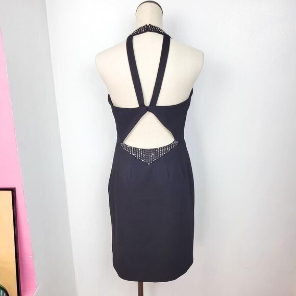Vintage 90s Black Beaded Trim Open Back Halter Sheath Dress - Picture 1 of 7